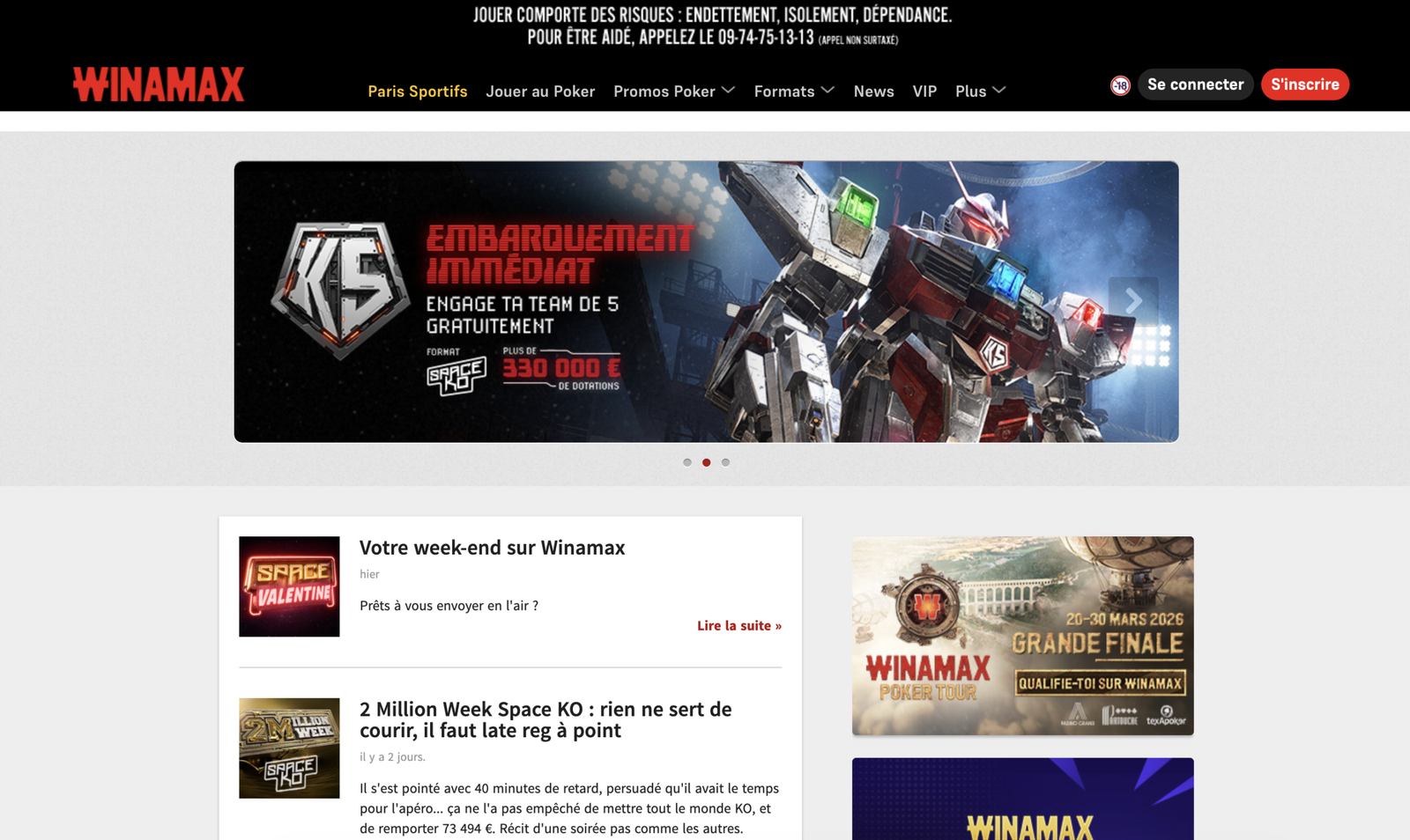 Interface Winamax – meilleur casino en ligne France 2026 avec poker et paris sportifs